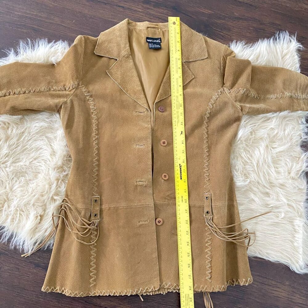 Vintage Tan Brown Suede Western Fringe Whipstitch Split Sleeve Leather Jacket M - Picture 8 of 8